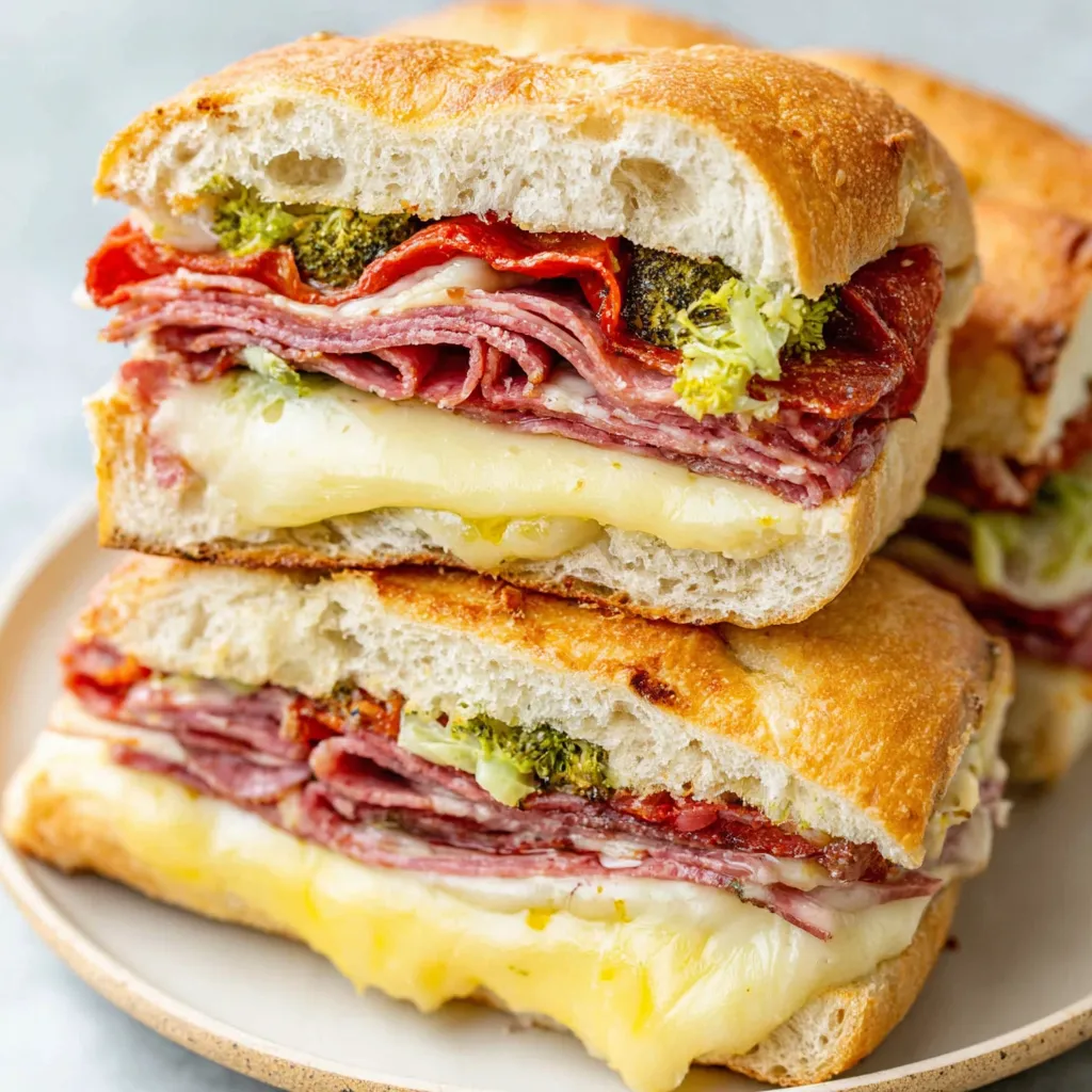 Italian Grinder Sandwich Delicious Detail Close-up shot of delicious Italian Grinder Sandwiches, showcasing the layers of meat and toppings.