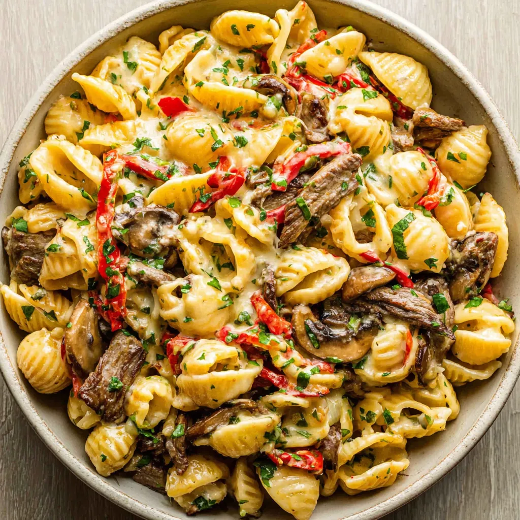 Close-up shot of a creamy Philly Cheesesteak Pasta dish with steak, peppers, and onions.