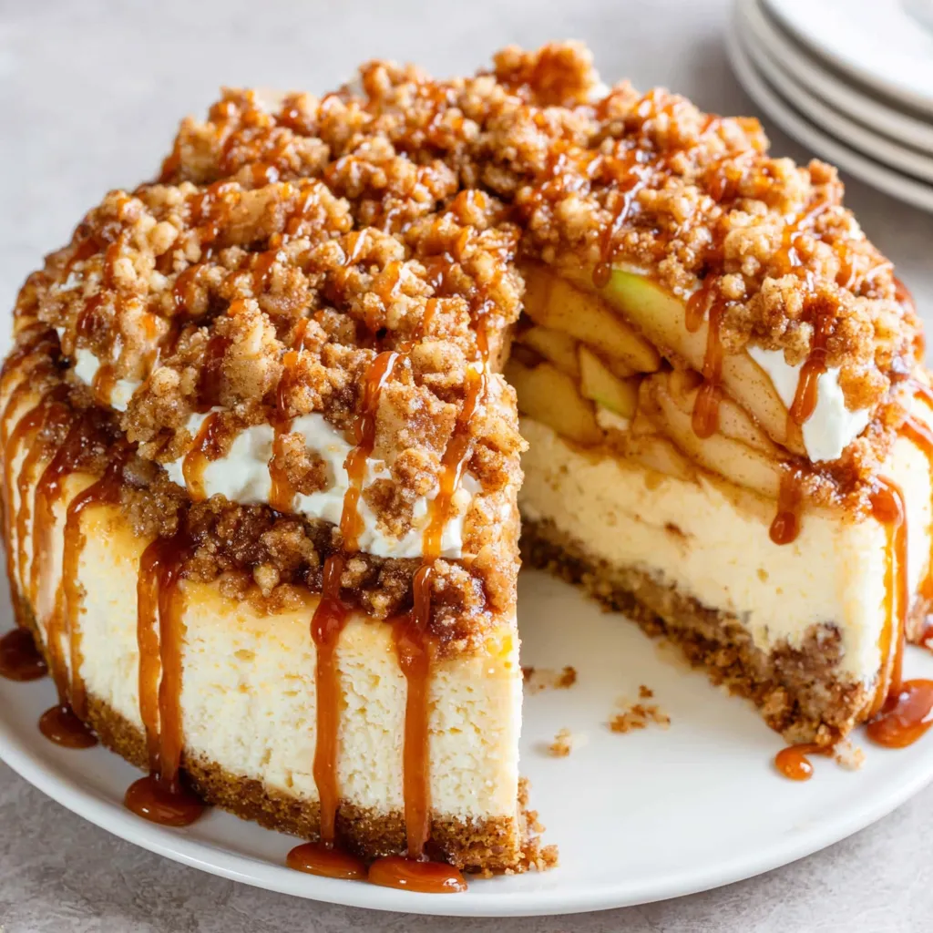 A decadent Apple Crisp Cheesecake features layers of creamy cheesecake and sweet apple crisp topping.