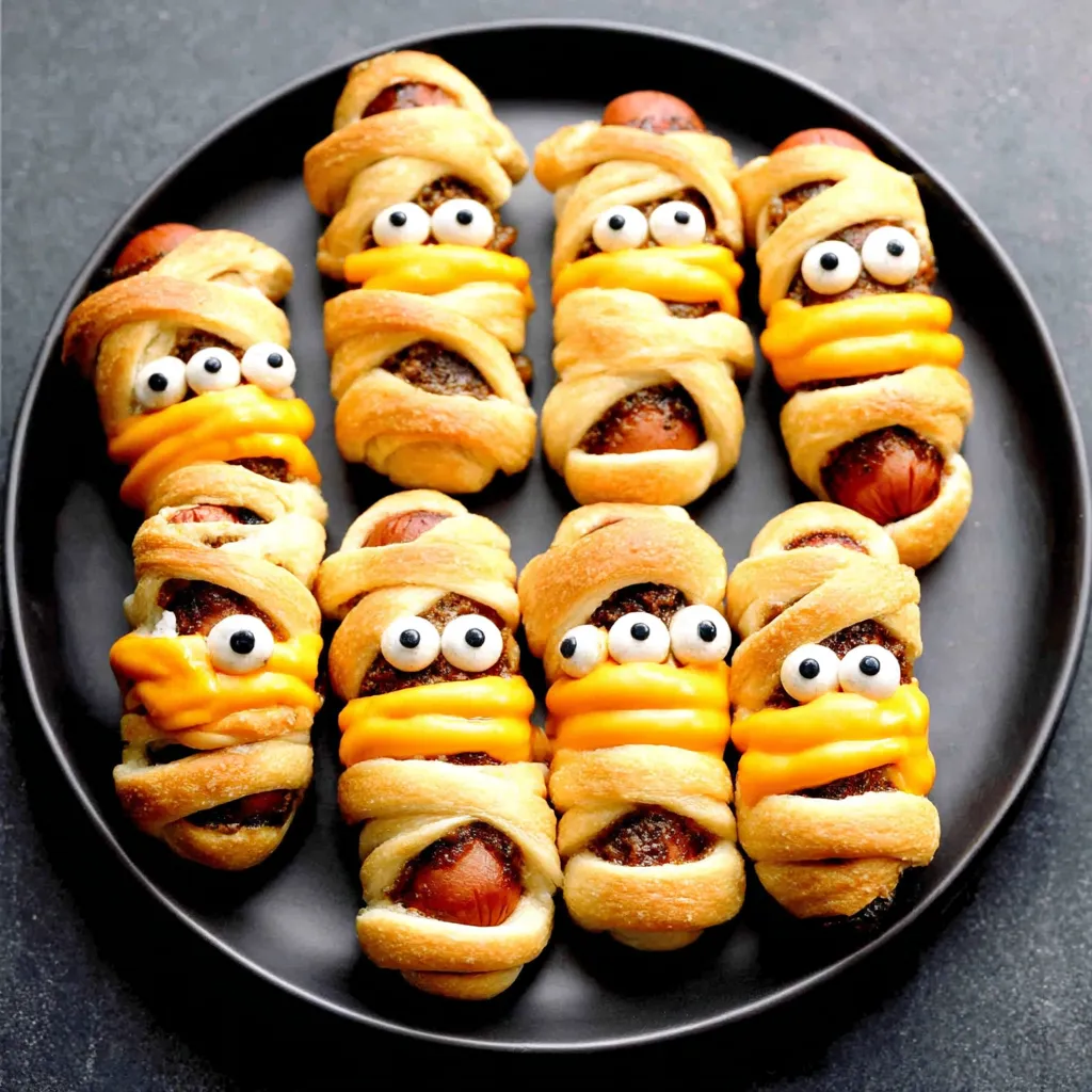 Featured image of adorable Crescent Mummy Dogs, a fun and easy Halloween recipe.
