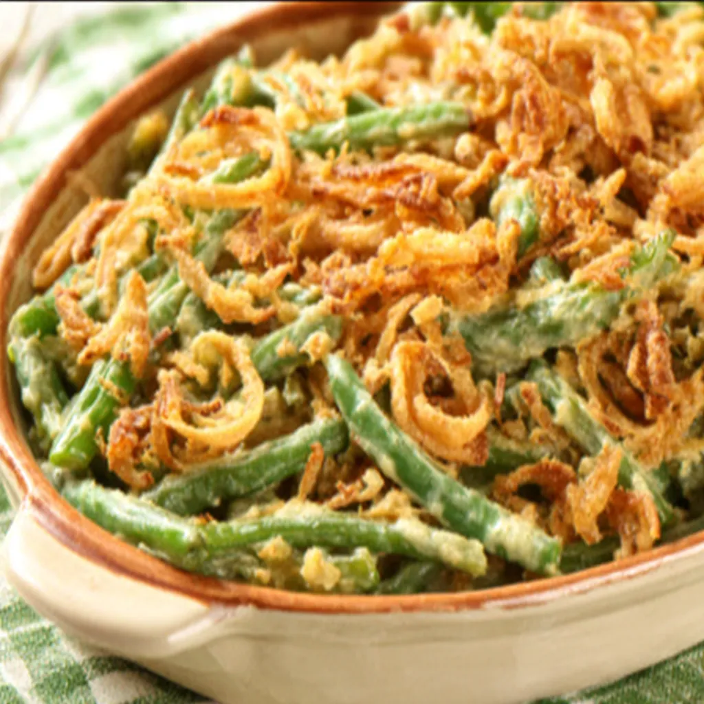 A close-up featured image of a creamy, golden-brown Green Bean Casserole topped with crispy fried onions.