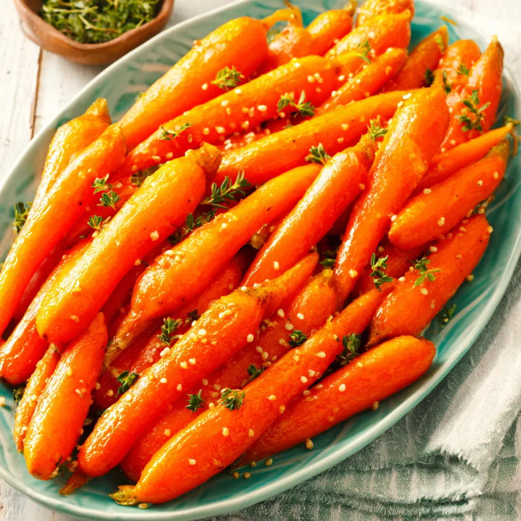 Honey Glazed Carrots glistening with a sweet glaze are presented as a featured image.