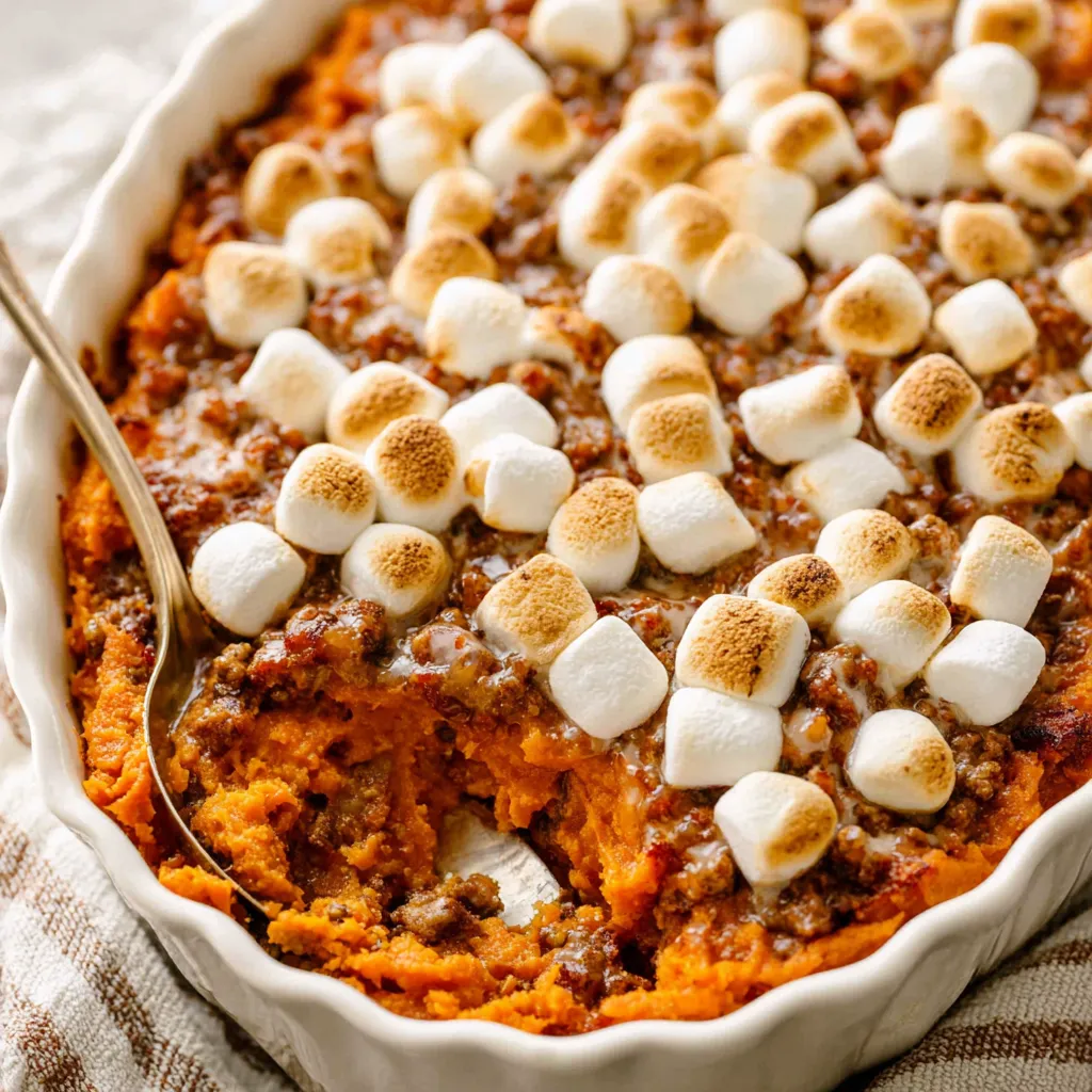 Marshmallow Sweet Potato Casserole featured image shows a delicious baked casserole with golden brown marshmallows on top.