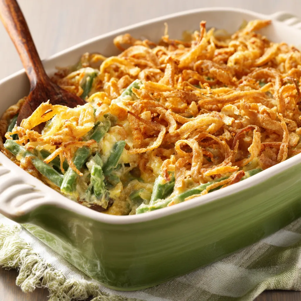 A close-up of a bubbling hot Southern Green Bean Casserole, showcasing its crispy fried onion topping.