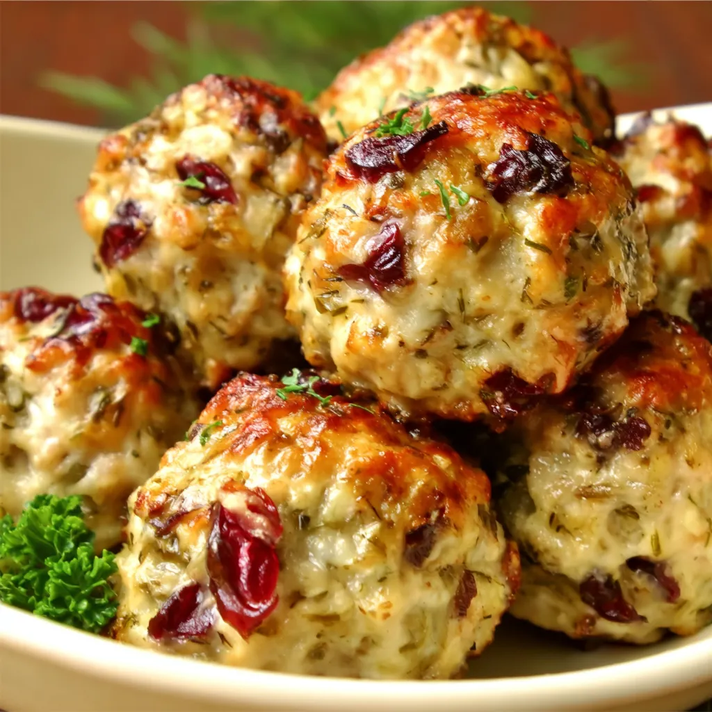 Delicious Turkey Stuffing Balls are featured in this appetizing image.