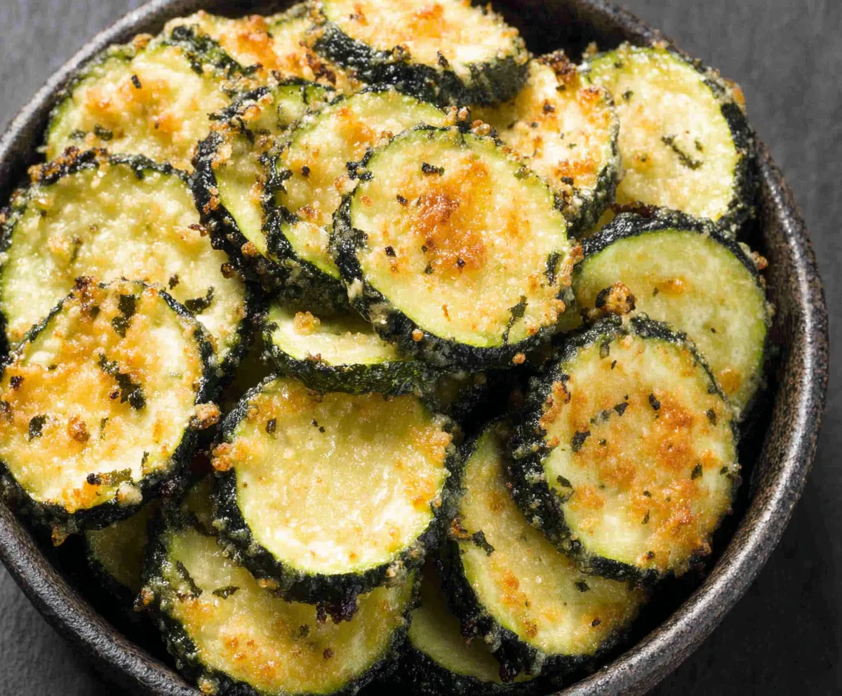 Close-up of golden brown Cheesy Baked Parmesan Zucchini, showcasing its melted cheese and crispy parmesan crust.