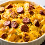 Cheesy Ranch Potatoes with Smoked Sausage, a delicious and comforting featured image showing a hearty potato casserole with melted cheese and savory sausage.