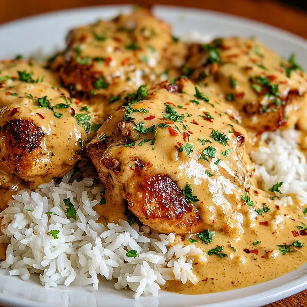 Creamy Smothered Chicken And Rice, a comforting and delicious meal, is beautifully displayed as the featured image.