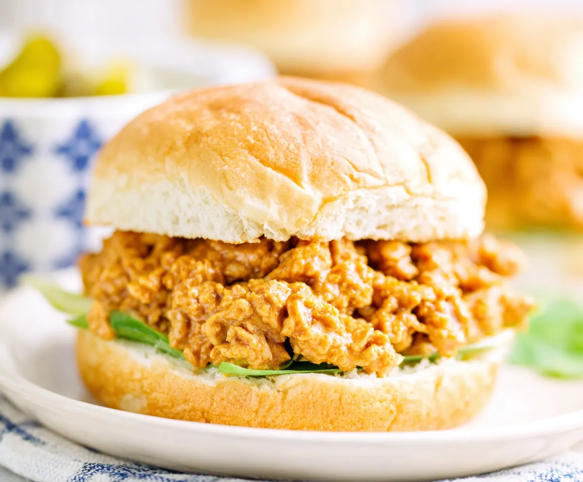 A close-up shot showcases the delicious Cajun Chicken Sloppy Joes, a flavorful and messy sandwich perfect for a quick and satisfying meal.