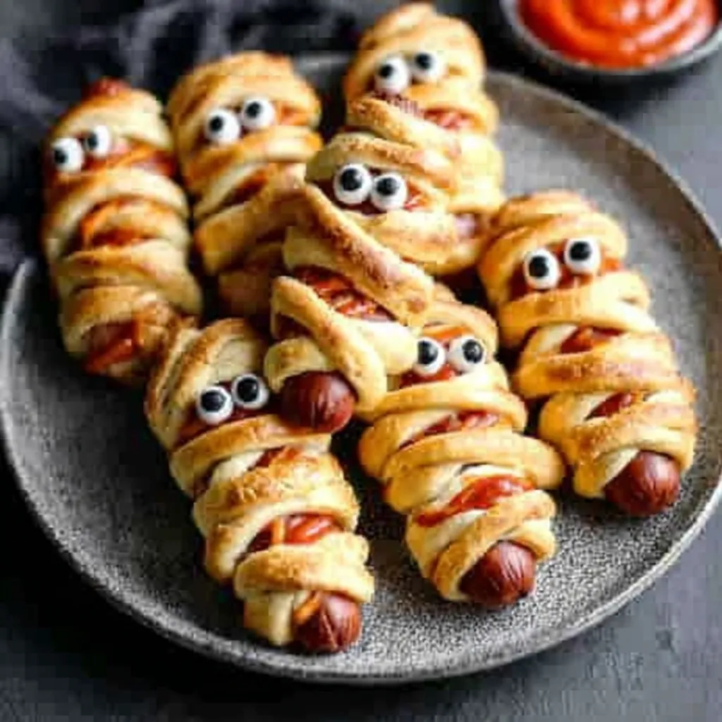 Featured image of festive Mummy Hot Dogs, a spooky and fun Halloween food.