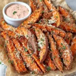 Garlic Parmesan Sweet Potato Wedges are displayed as a tempting featured image for a recipe article.