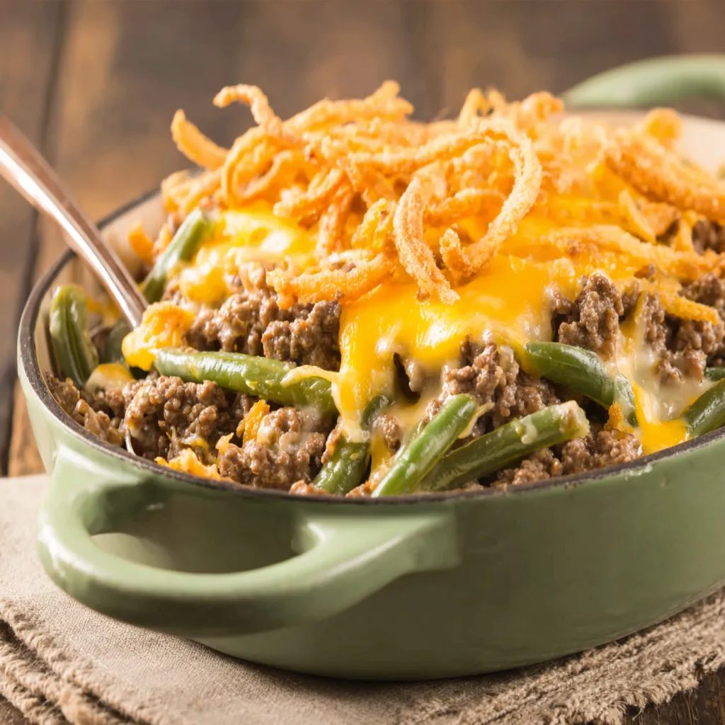Featured image of a delicious Hamburger Green Bean Casserole ready to be served.