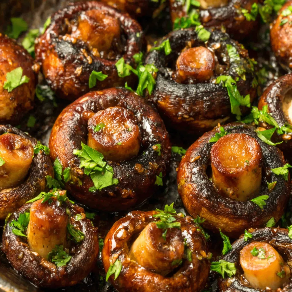 Close-up of glistening Honey Soy Mushrooms, a flavorful and savory dish ready to be served.