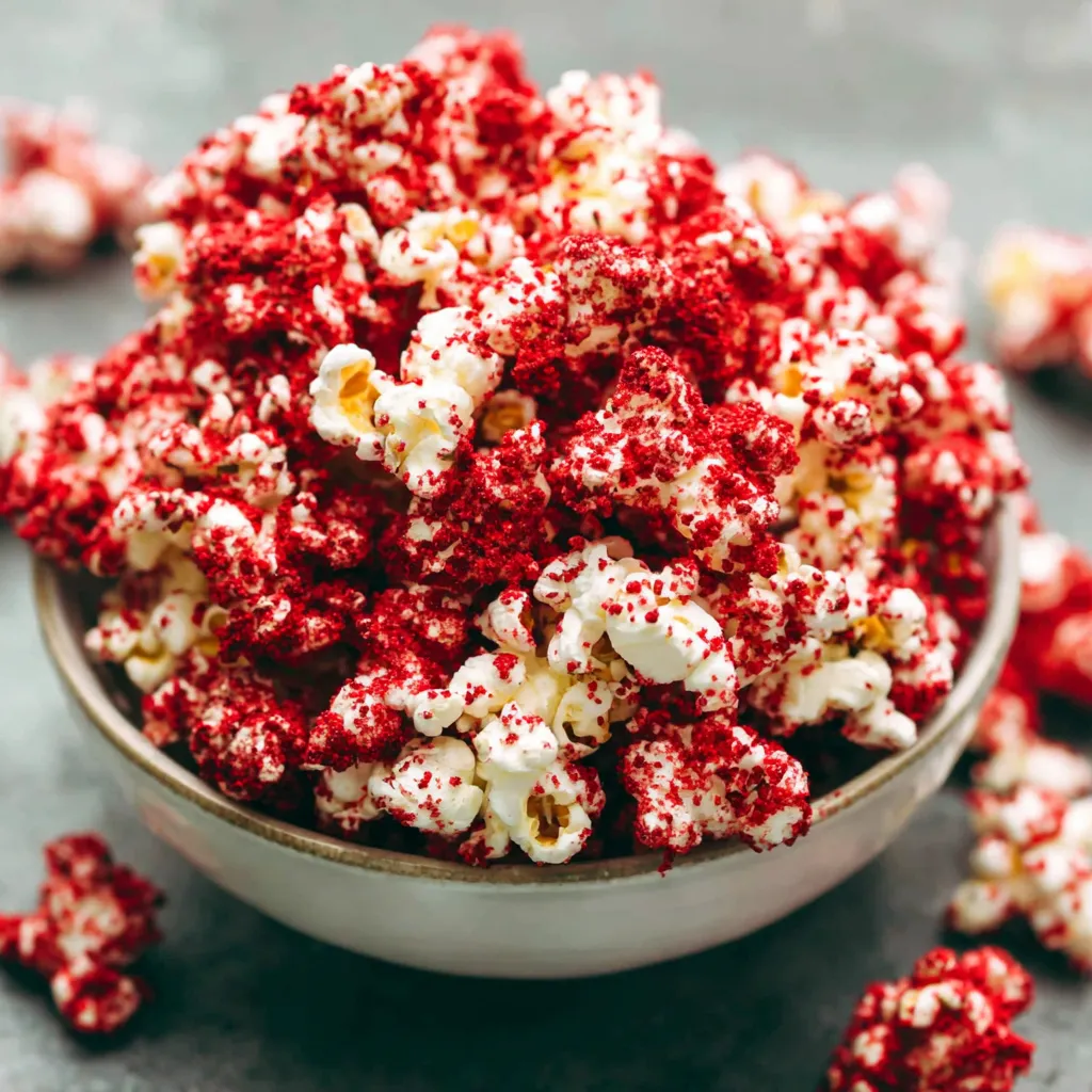 Delicious Red Velvet Popcorn is displayed as the featured image for this recipe.