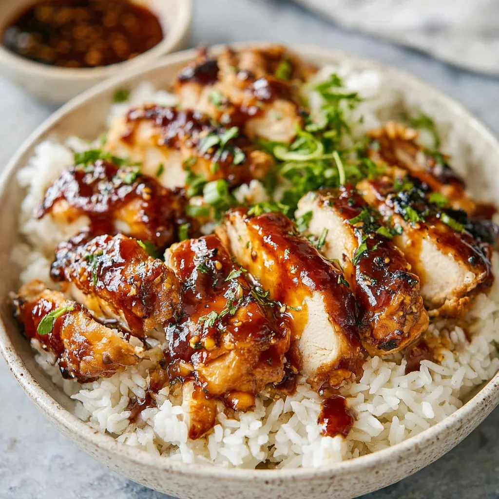 Close-up of flavorful Sticky Chicken Rice Bowls, a featured image for a recipe article.