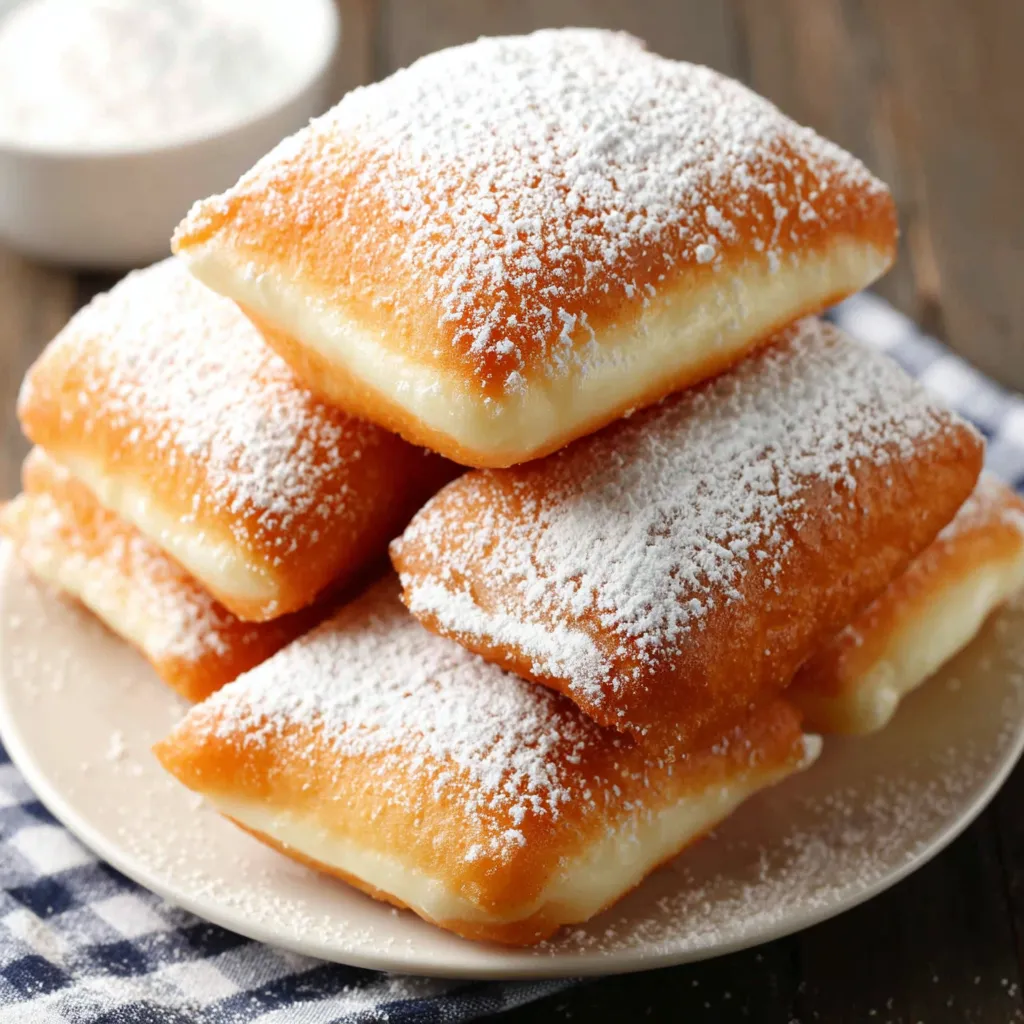 Close-up of fluffy, powdered sugar-covered Vanilla Beignets, perfect for a sweet treat.