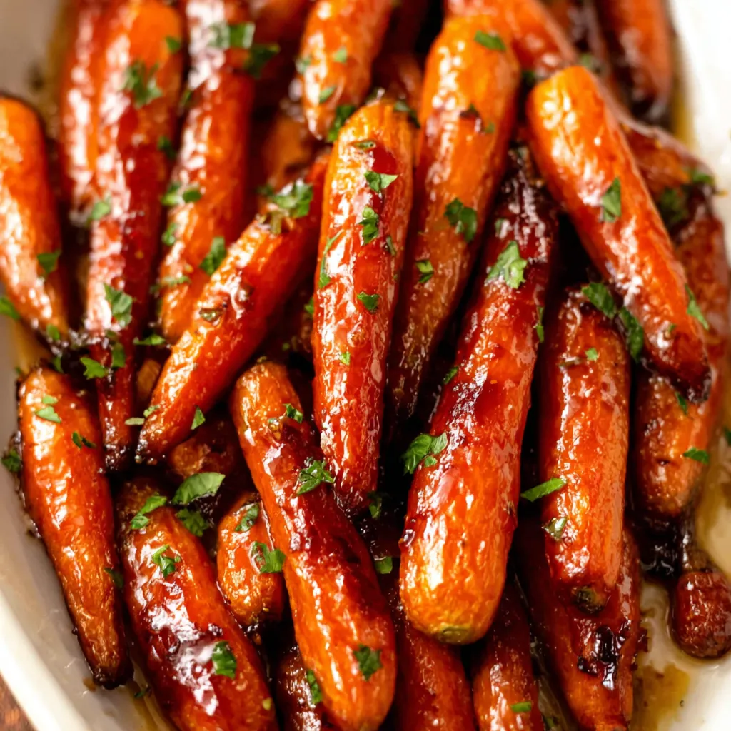 Maple Brown Sugar Glazed Carrots glistening with a rich glaze are displayed as a featured image.