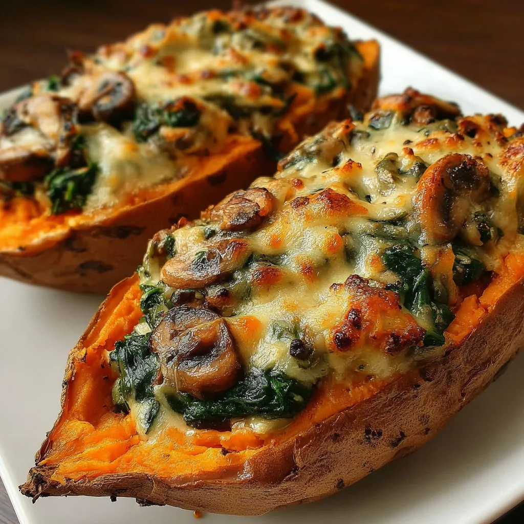 Mushroom Spinach Stuffed Sweet Potatoes featured in a delicious and healthy recipe article.