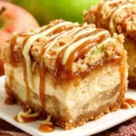 Close-up of decadent Caramel Apple Cheesecake Bars, showcasing their creamy cheesecake filling, gooey caramel topping, and apple slices.