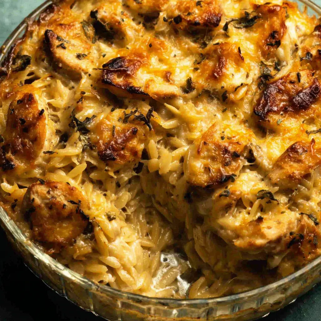 PERFECT FRENCH ONION CHICKEN ORZO CASSEROLE