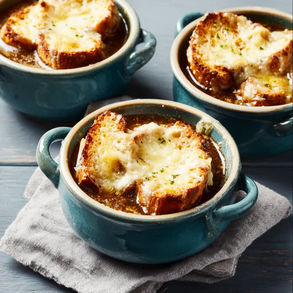 A close-up of a steaming bowl of classic French Onion Soup, showcasing its melted Gruyère cheese topping.