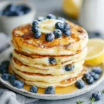 Fluffy Lemon Ricotta Pancakes stacked high and topped with powdered sugar, ready to be enjoyed.