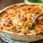 A close-up showcases creamy Parmesan Scalloped Potatoes baked until golden brown and bubbly, promising a comforting and delicious side dish.