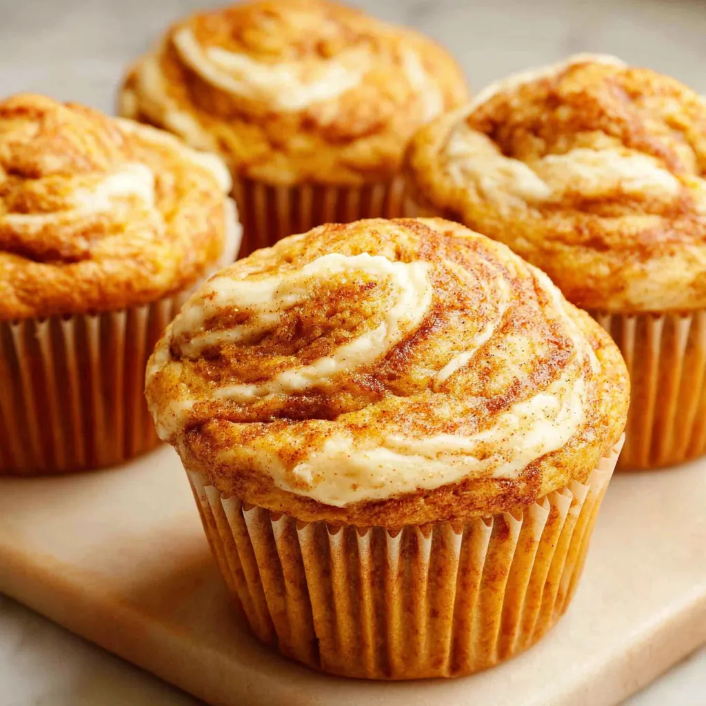 A close-up shows golden brown Pumpkin Cream Cheese Swirl Muffins, highlighting the creamy swirl and pumpkin spice details.
