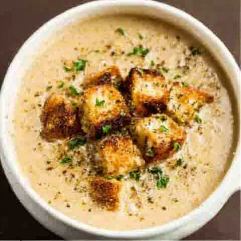 A bowl of creamy Roasted Garlic Soup is shown as the featured image for a recipe.