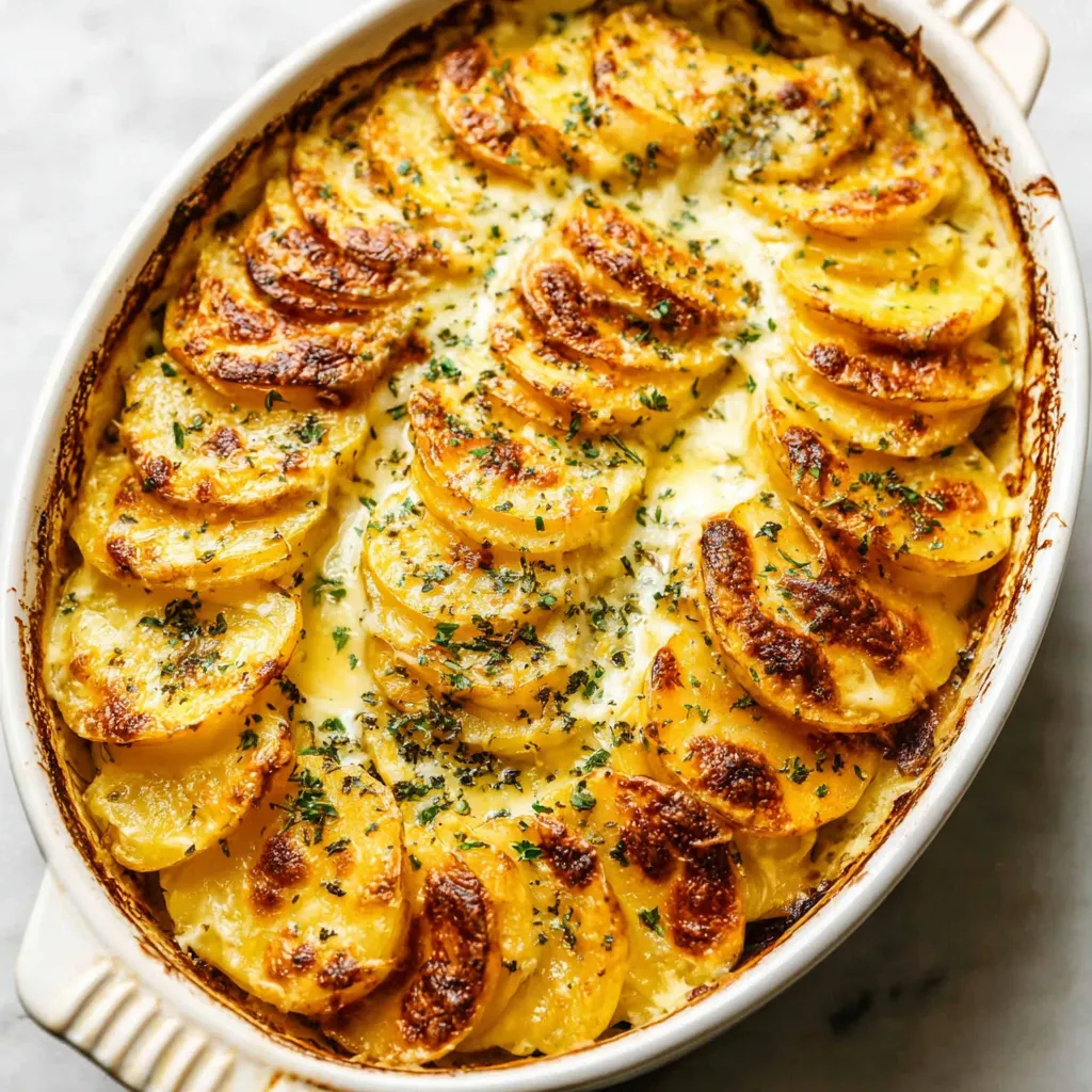 Close-up of a creamy, bubbling dish of homemade Potatoes Au Gratin, ready to be served as a comforting side.