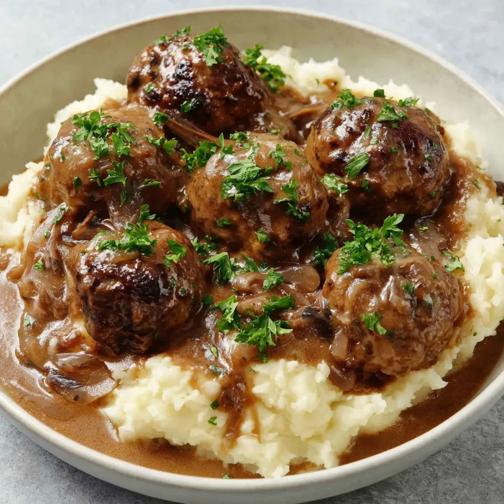 Close-up of juicy Salisbury Steak Meatballs, a delicious and easy dinner.
