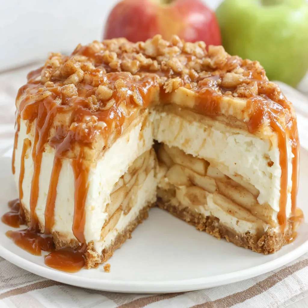 A slice of decadent Salted Caramel Apple Pie Cheesecake showcases its layers of graham cracker crust, creamy cheesecake, apple pie filling, and salted caramel drizzle.