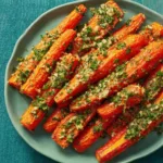 A vibrant close-up showcases delicious and perfectly charred Smashed Carrots ready to be enjoyed.