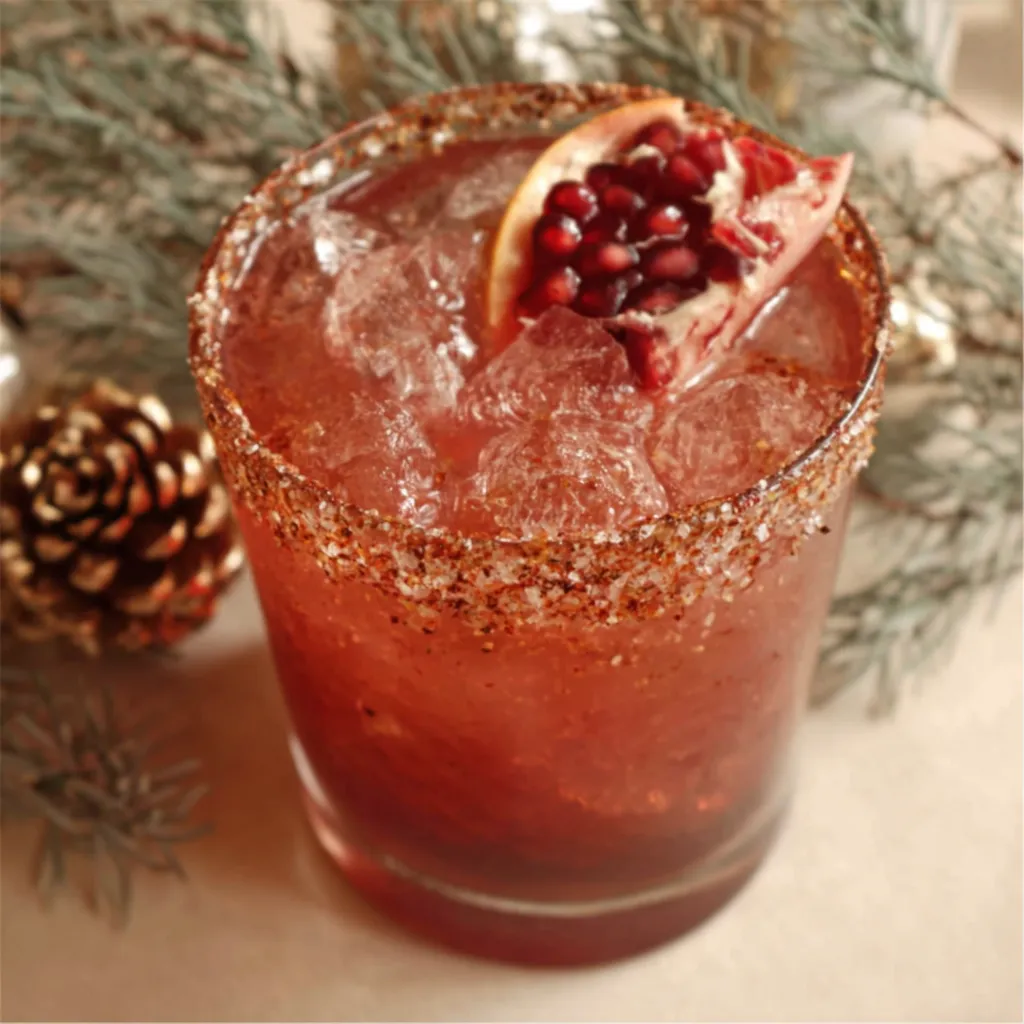 A festive Spiced Christmas Margarita cocktail garnished with cranberries and rosemary, perfect for holiday celebrations.