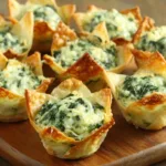 Close-up of crispy baked Spinach Artichoke Wonton Cups, a delicious appetizer.