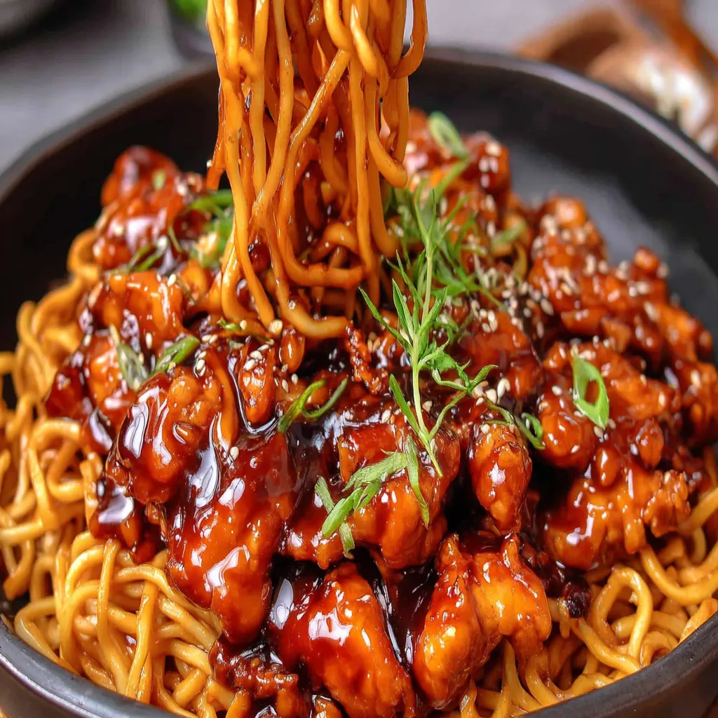 Sticky Garlic Chicken Noodles are showcased in a delicious and appetizing featured image.