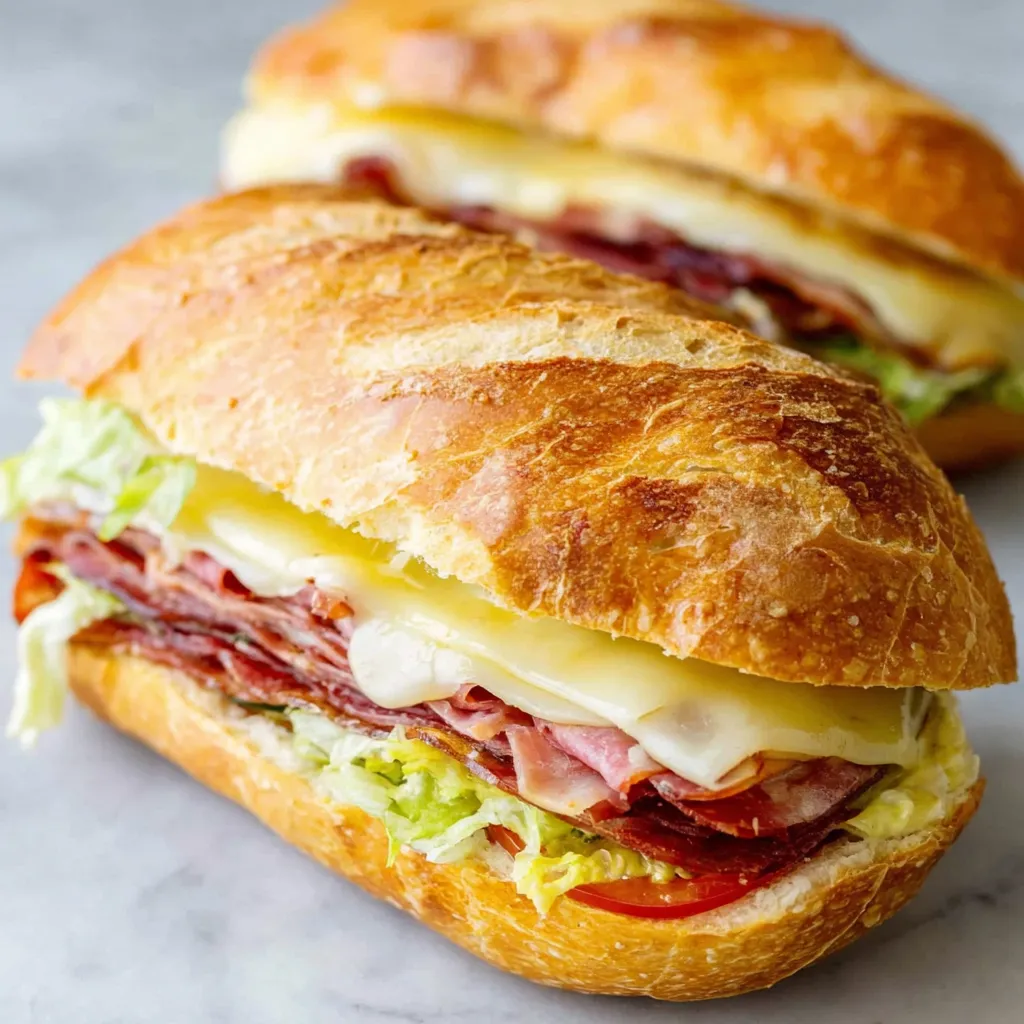An appetizing image showcasing Italian Grinder Sandwiches, piled high with meats and toppings.