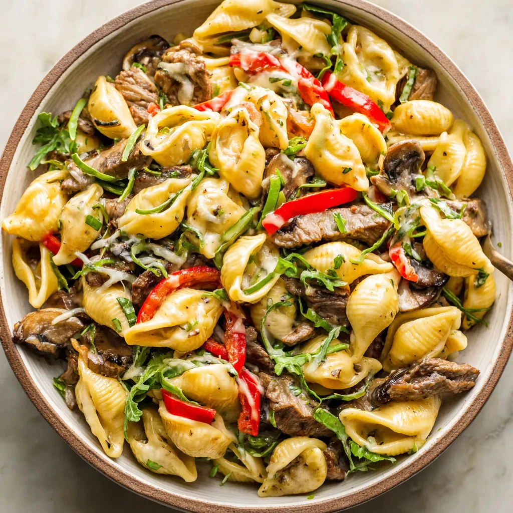 A close-up features a delicious plate of Philly Cheesesteak Pasta, showcasing the creamy sauce, tender steak, and melted cheese.