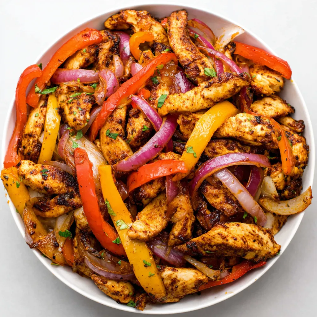 Close-up shot of sizzling Air Fryer Chicken Fajitas, showcasing the vibrant colors and textures of the cooked chicken and vegetables.