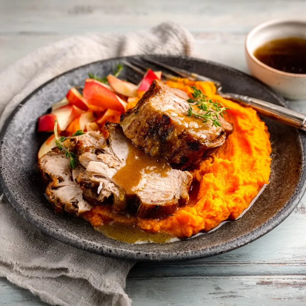 Close-up shot of juicy Apple Cider Pork, ready to be served.