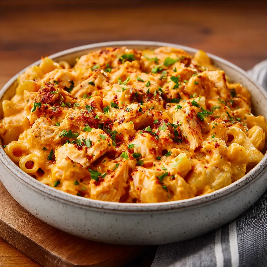 Creamy Buffalo Chicken Mac and Cheese with shredded chicken and a cheesy sauce is displayed as a second content image.