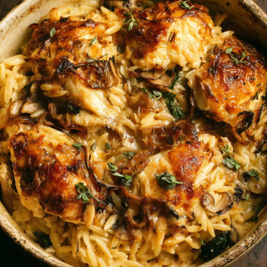 Close-up shot of a steaming serving of Cheesy French Onion Chicken Orzo Casserole, showcasing the melted cheese and golden-brown orzo pasta.