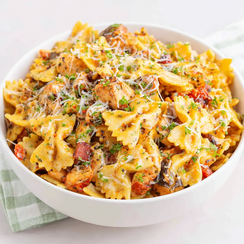 Close-up shot of creamy Chicken Mozzarella Pasta, showcasing the melted mozzarella and tender chicken.