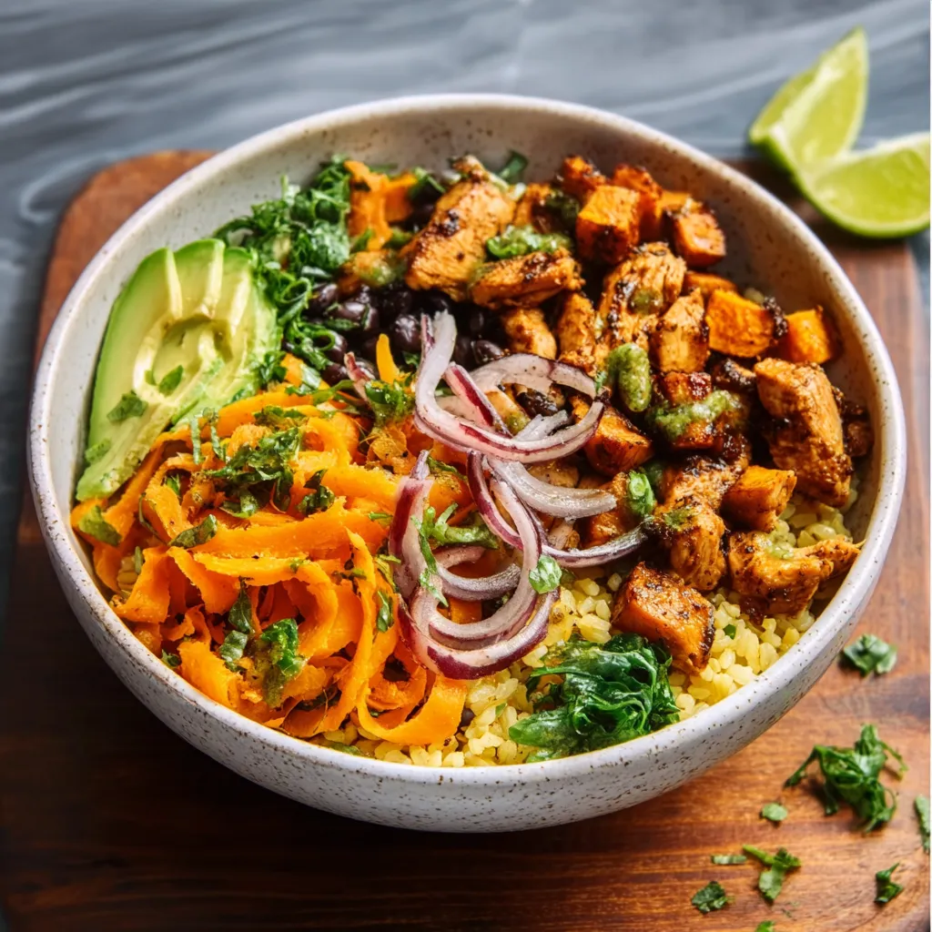 Close-up of a freshly prepared Chicken Sweet Potato Rice Bowl, showcasing the vibrant colors and textures of the ingredients.