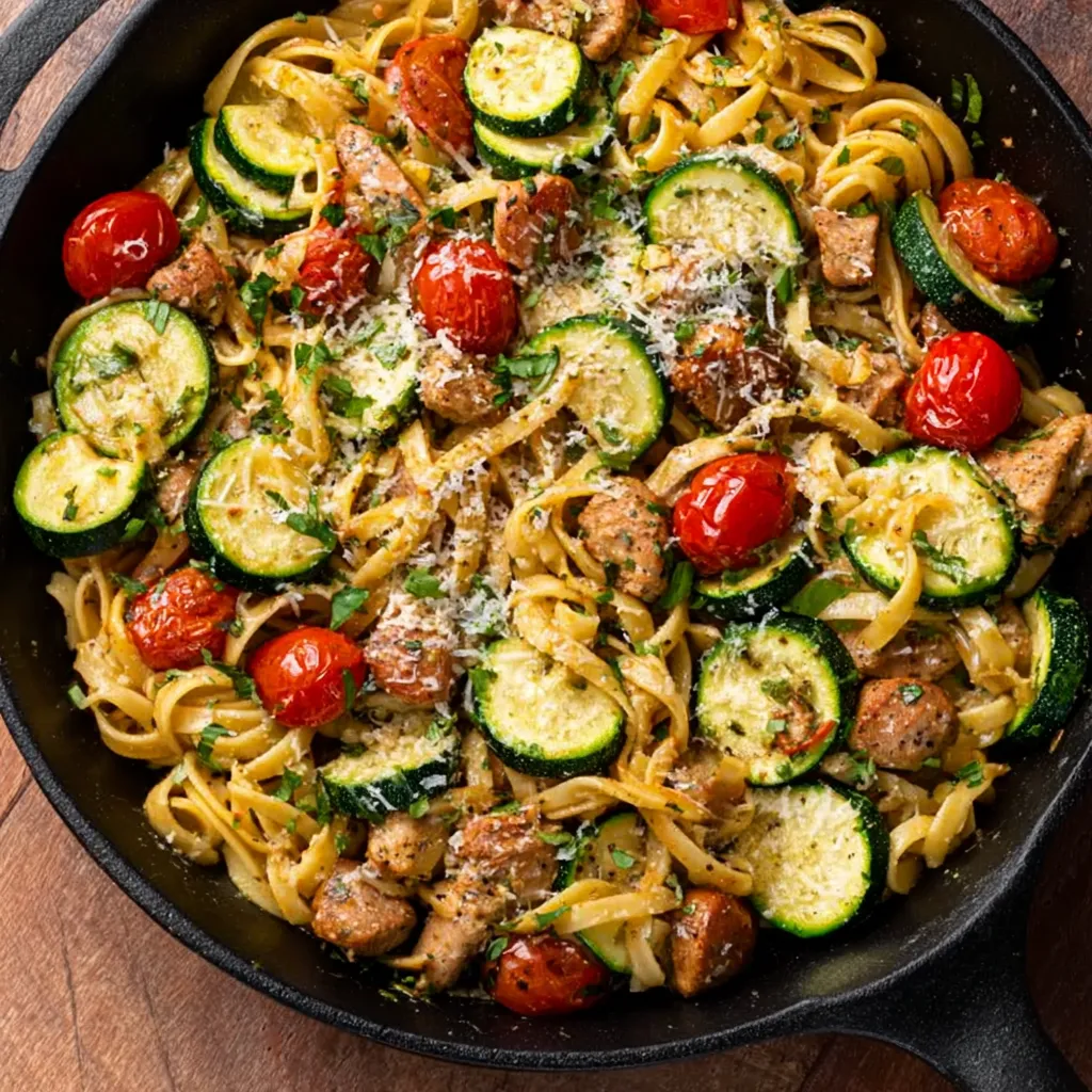 Close-up of a delicious Chicken Zucchini Pasta Skillet, showcasing the creamy sauce, tender chicken, and vibrant zucchini.