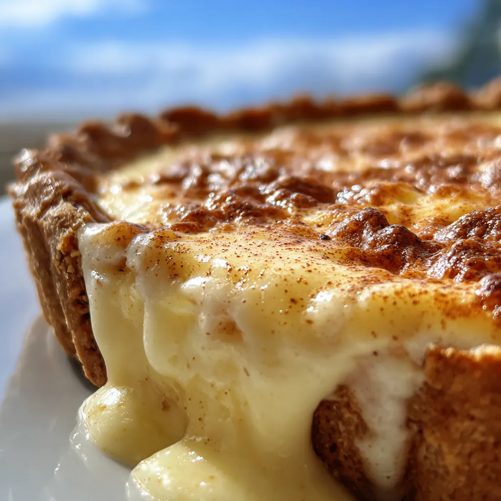 A freshly baked Cinnamon-Vanilla Custard Pie sits ready to be sliced and enjoyed.