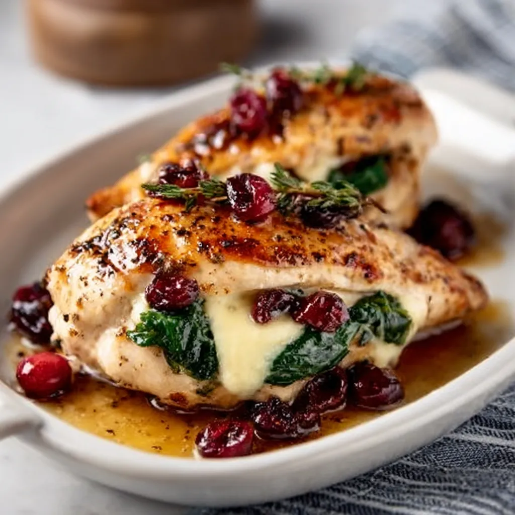 Close-up of sliced Cranberry Spinach Stuffed Chicken Brie showcasing the cranberry and spinach filling and melted brie cheese.
