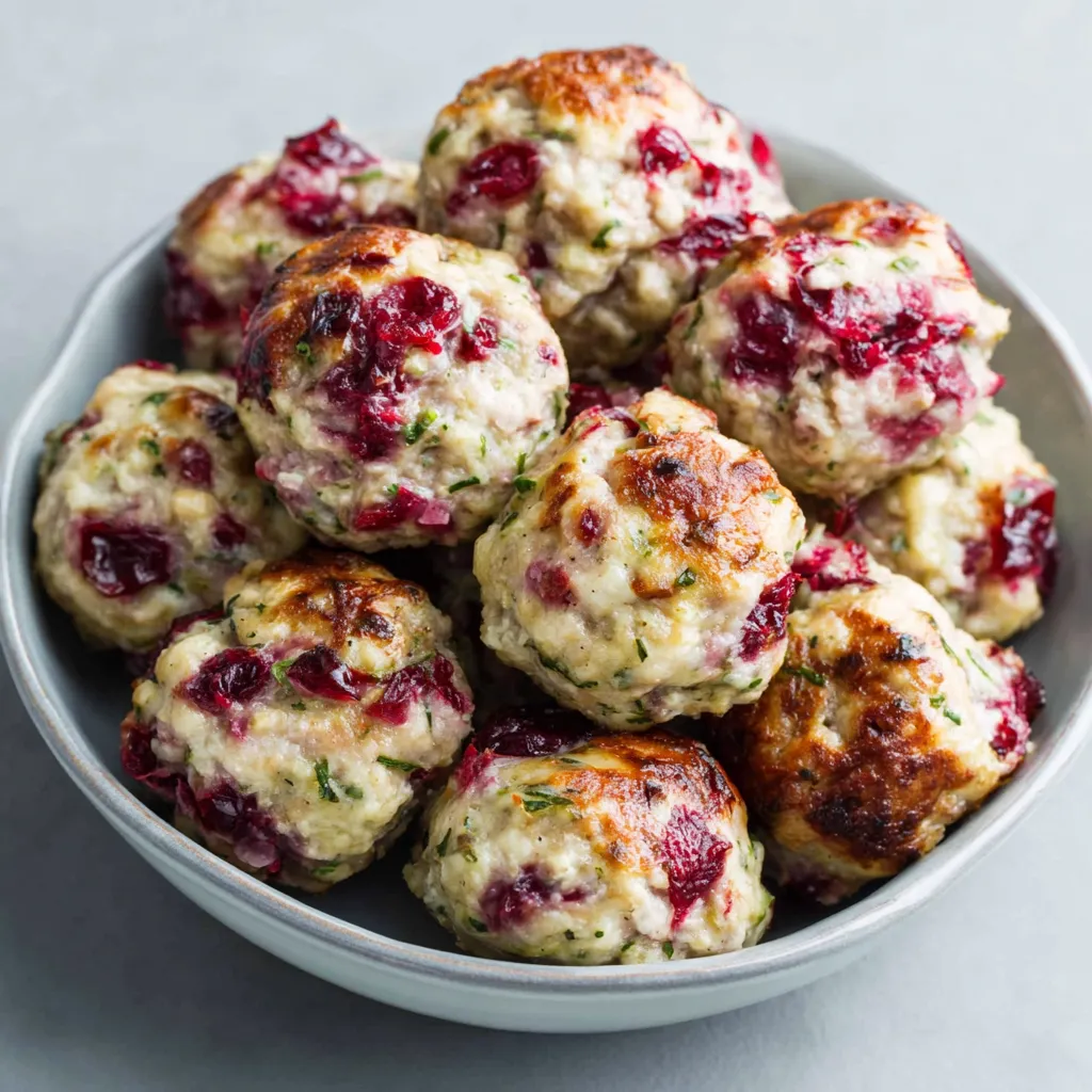 Close-up image showcasing delicious Cranberry Turkey Stuffing Balls, perfect for holiday appetizers or a festive meal.