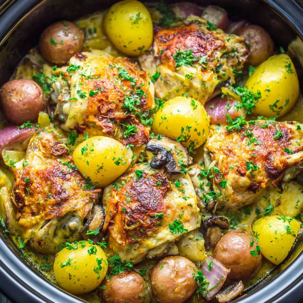 Creamy Garlic Parmesan Crockpot Chicken and Potatoes served in a crockpot showcase the recipe's easy, delicious, and creamy results.