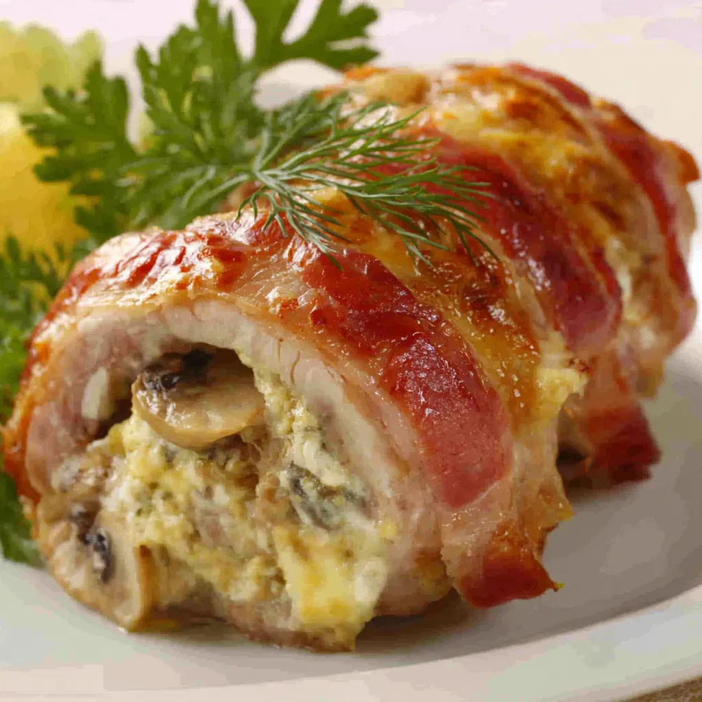Close-up shows a juicy Garlic Butter Chicken Stuffed with Mushrooms and Onions, ready to be served.